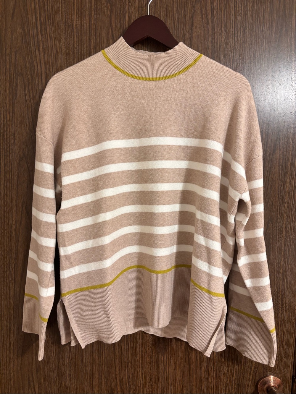 Tahari Blush and White Striped Crewneck Sweater with Mustard Trim